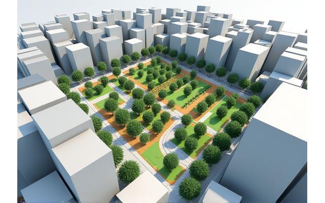 3D都市モデルと日影解析が統合された都市計画の未来像を示すイメージ